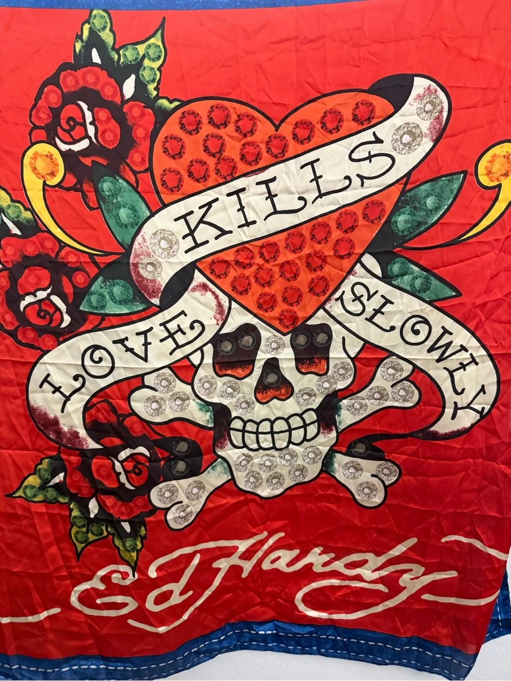 Ed Hardy Red Blue Skull & Heart Throw with Floral Accents